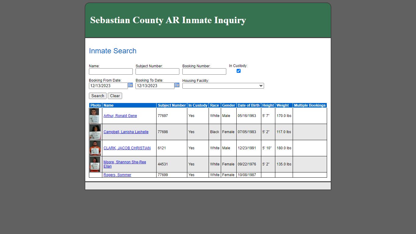 Inmate Search - Sebastian County, Arkansas